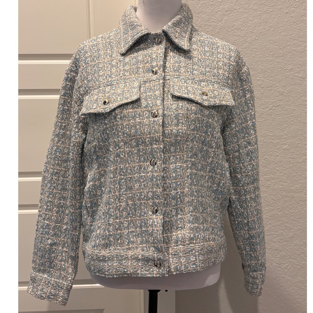Olivaceous Tweed Jacket Women Small Blue Cream Plaid Old Money Preppy‎